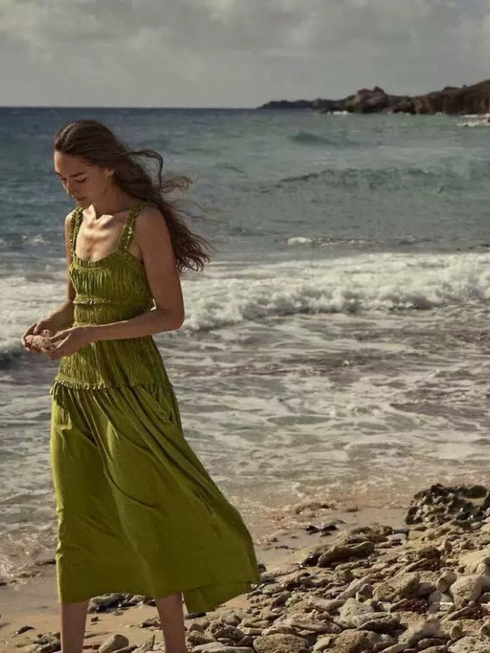 Doen Olive Green Smocked Midi Dress